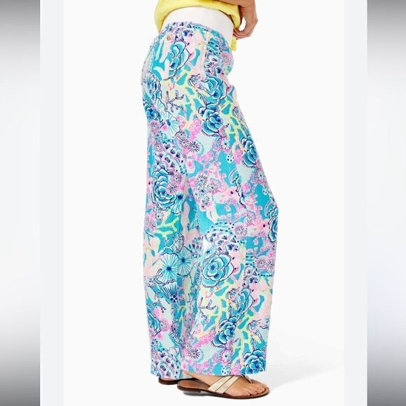 Lilly Pulitzer Pants - Lilly Pulitzer Bali Blue Once Upon A Tide Linen Palazzo Pants Size S Mid Rise